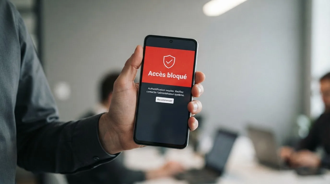 Main tenant un smartphone affichant un message d'avertissement d'accès bloqué