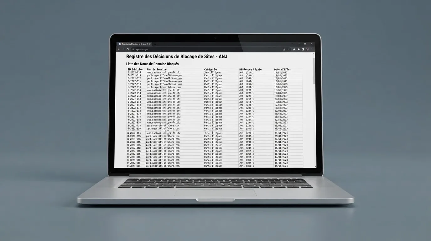 A browser window displaying a long CSV-style list of blocked website domains with decision dates in a column, no brand logos