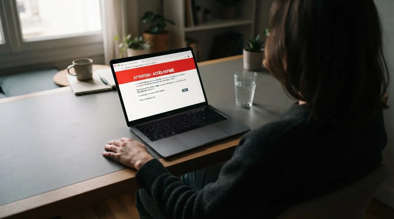 Page d'un navigateur affichant un message d'accès bloqué à un site de jeu, symbolisant le blocage administratif
