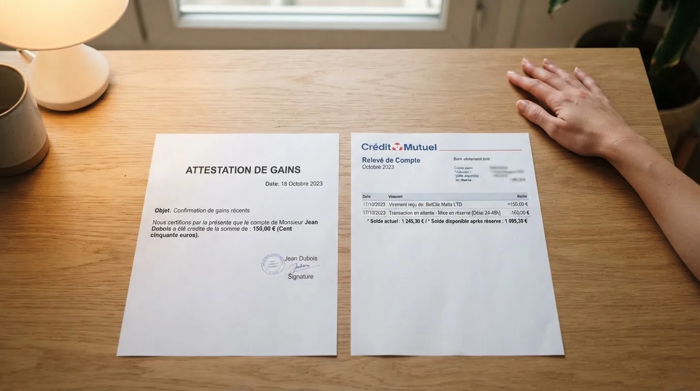 Document d'attestation de gain posé à côté d'un relevé bancaire sur un bureau