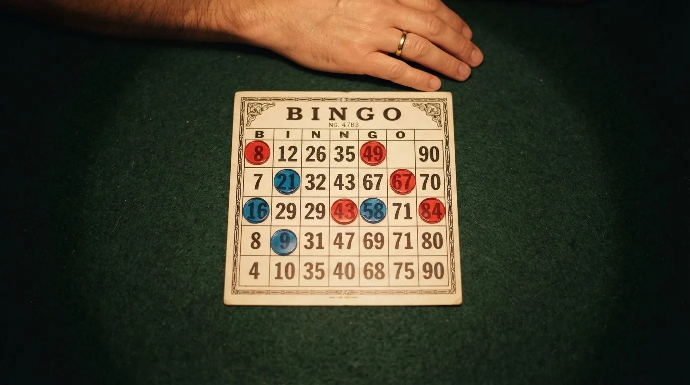 Grille de bingo avec un carton 3 lignes sur 9 colonnes et des jetons numérotés posés dessus