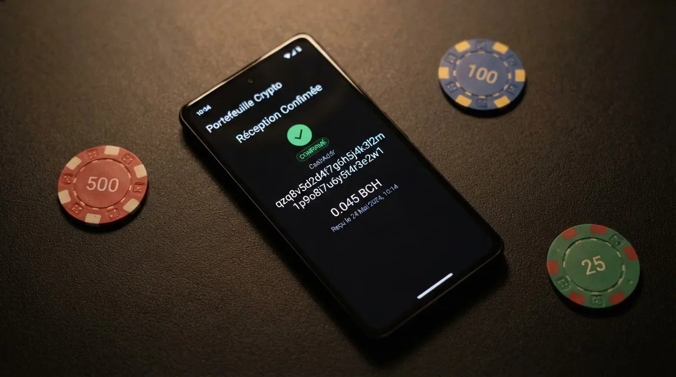Gros plan sur une application de portefeuille crypto affichant une adresse Bitcoin Cash au format CashAddr commençant par la lettre q, sur fond de pièces BCH.