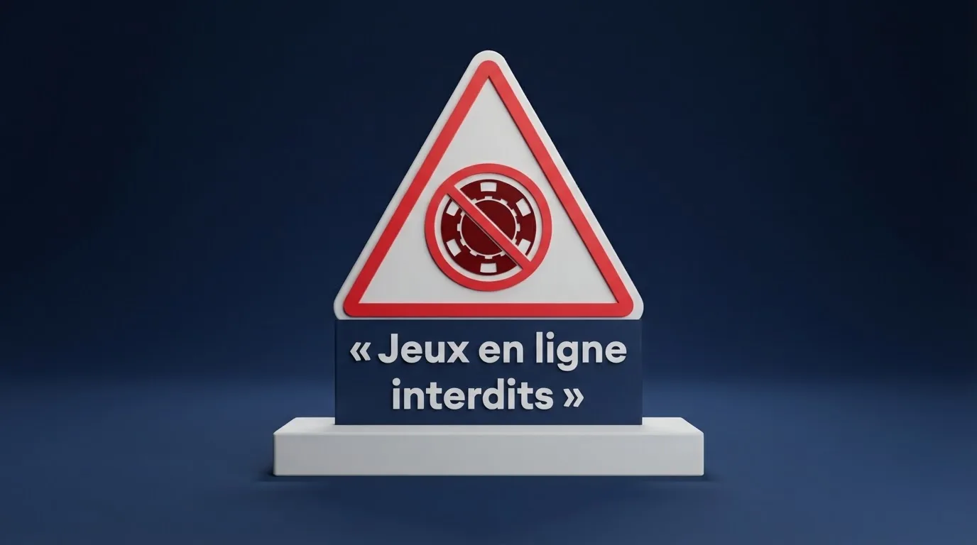 Panneau d'avertissement stylisé évoquant l'interdiction des jeux de casino en ligne en France