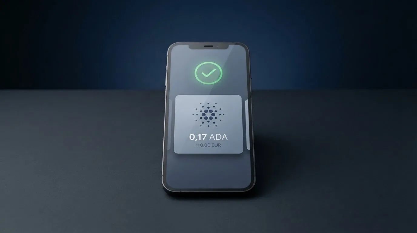 Confirmation d'une transaction Cardano affichée sur l'interface d'un casino en ligne, avec le montant des frais de réseau détaillé