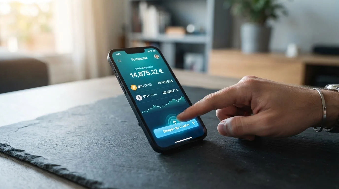 Portefeuille numérique affichant un solde en cryptomonnaie prêt à être transféré vers un compte de jeu