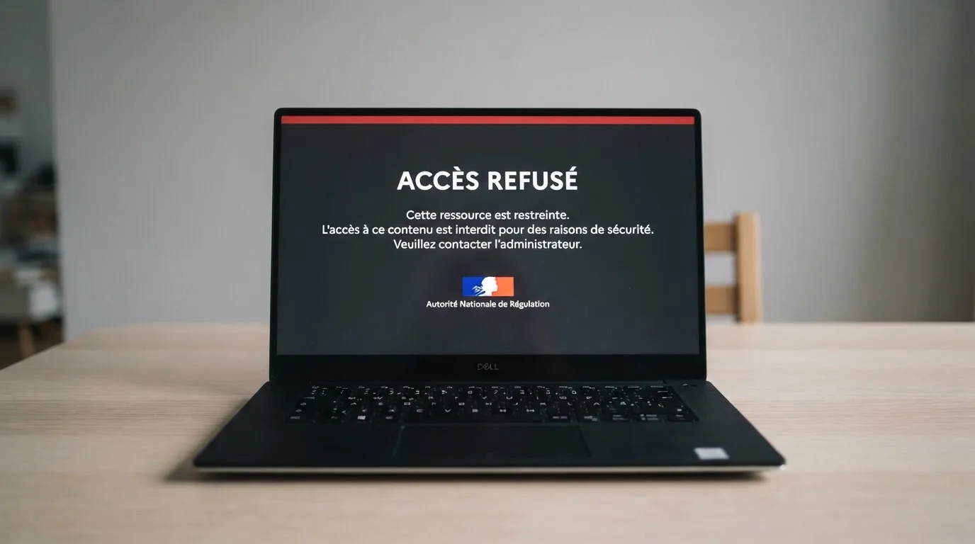 Un écran d'ordinateur affiche un message d'accès bloqué à un site de jeux d'argent non autorisé, sur fond de drapeau français stylisé.
