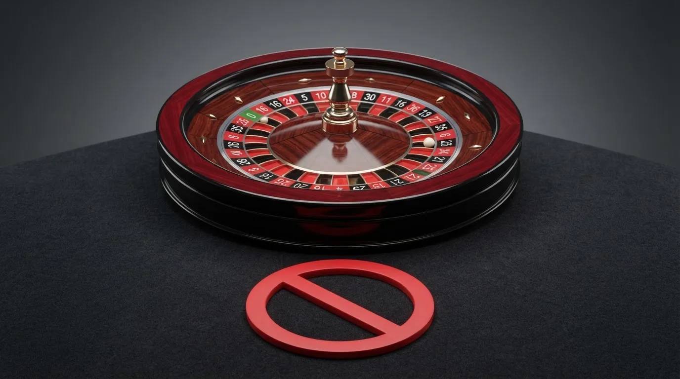 pictogramme d'interdiction superposé à une roulette et des machines à sous, illustrant l'interdiction du casino en ligne en France