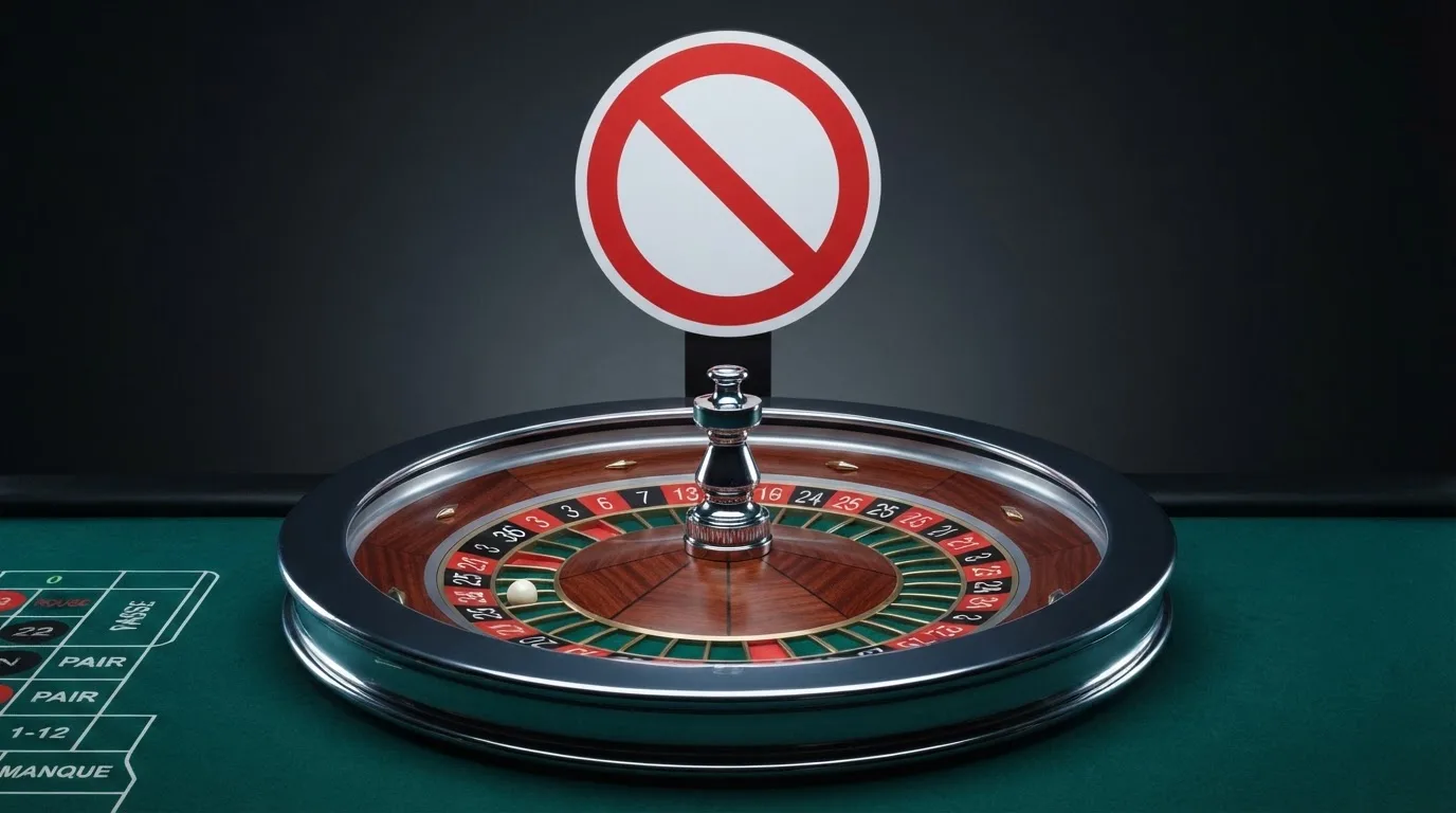 Le logo de l'Autorité nationale des jeux (ANJ) associé à un symbole d'interdiction sur fond de roulette de casino.