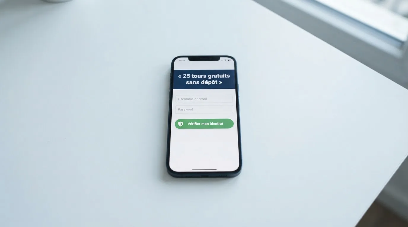 Écran de smartphone affichant l'interface mobile d'un casino en ligne avec une notification de tours gratuits