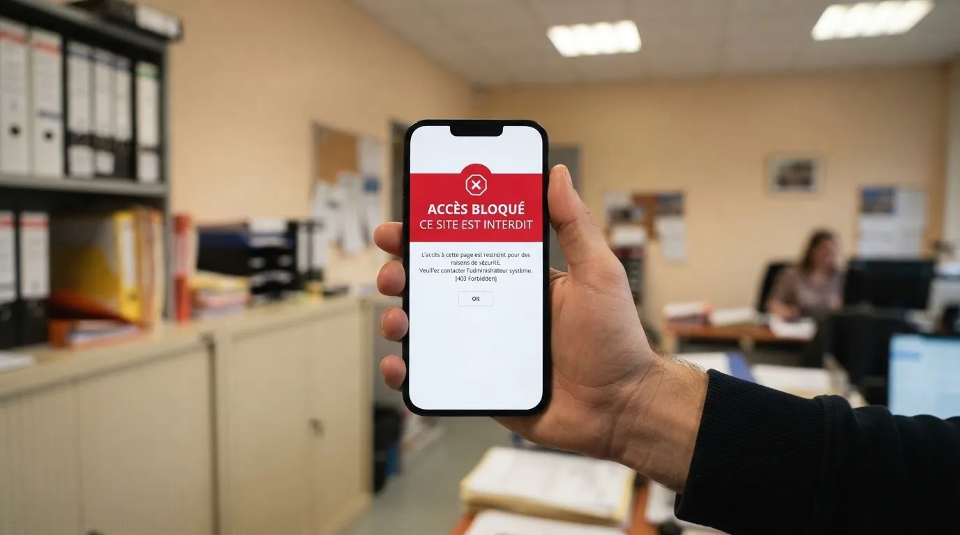 Main tenant un smartphone affichant un écran de blocage de site avec un message d'avertissement rouge, dans un décor évoquant un bureau administratif français.