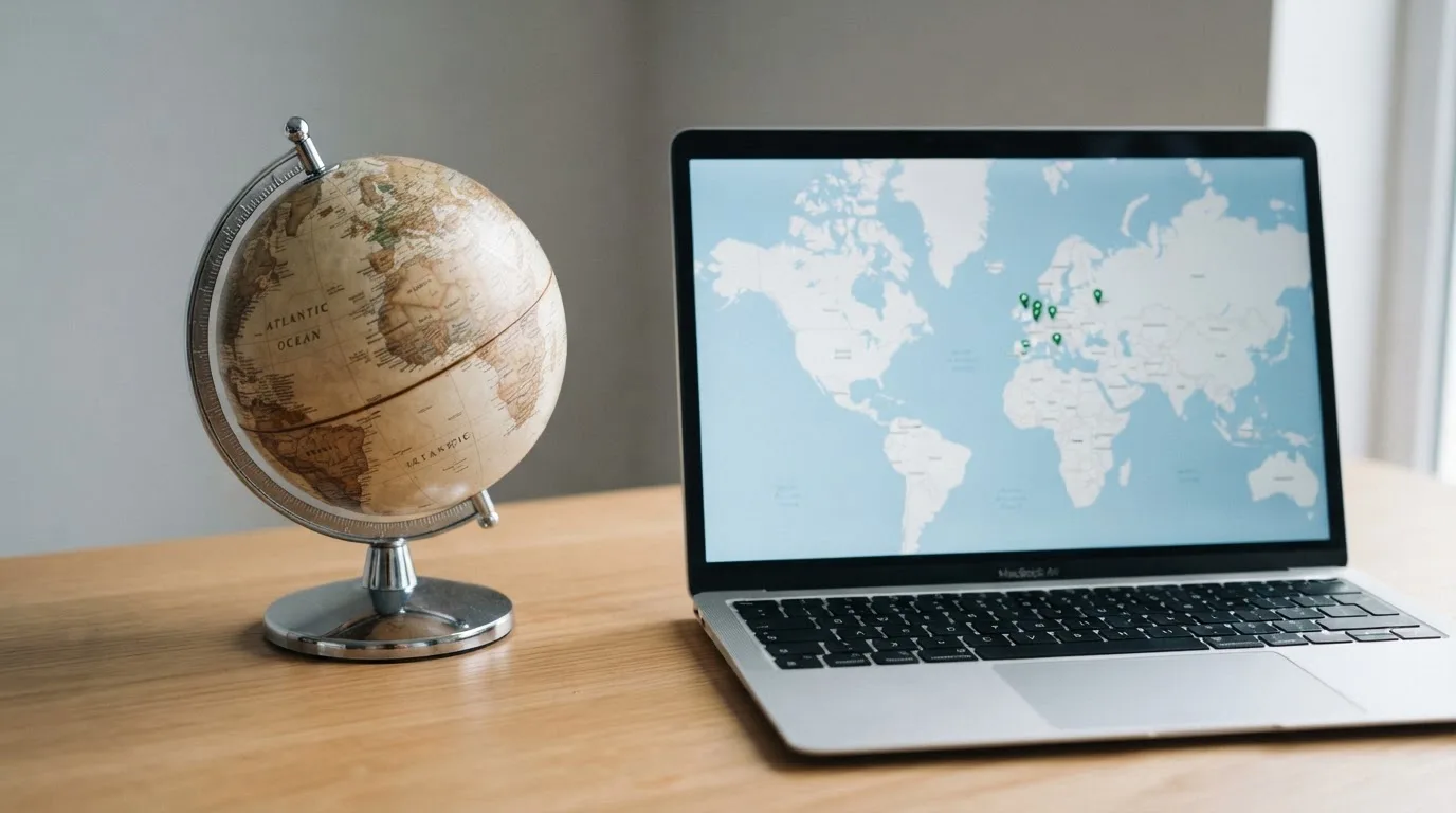 Un globe terrestre posé à côté d'un ordinateur portable affichant une carte du monde.