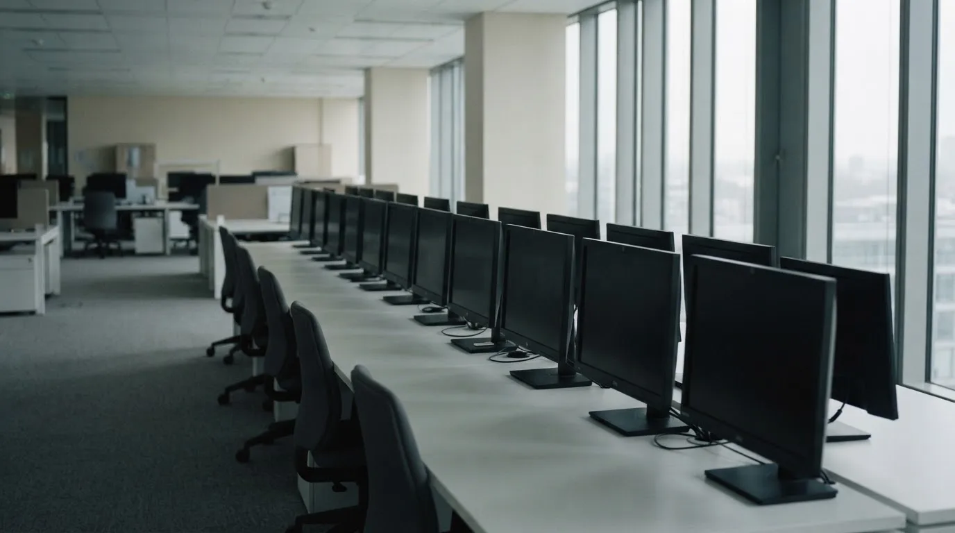 Une rangée d'écrans d'ordinateur éteints dans un bureau vide.
