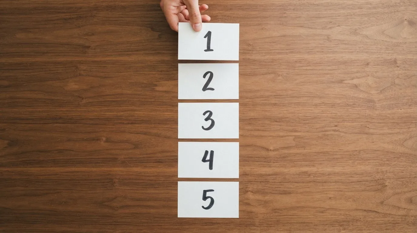overhead flat-lay of a hand ranking printed casino logos on numbered cards on a desk