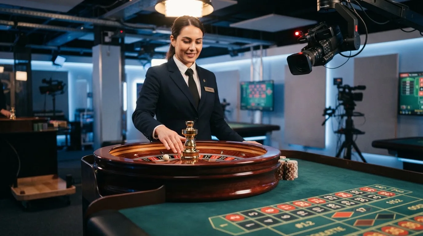 a live dealer standing at a roulette wheel under studio lighting, streaming camera visible above the table
