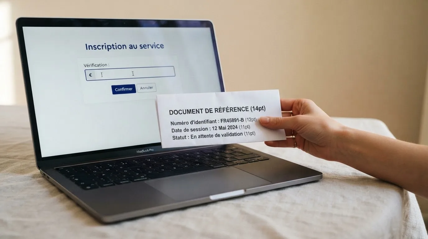 Close-up of a hand holding an identity document next to a laptop showing an online registration form