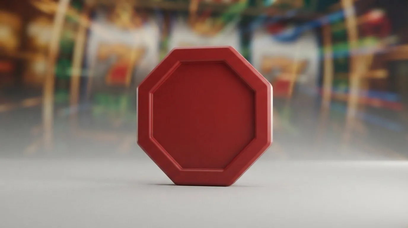 a red official-style stop/prohibition icon overlaid on a blurred casino slot-reel background