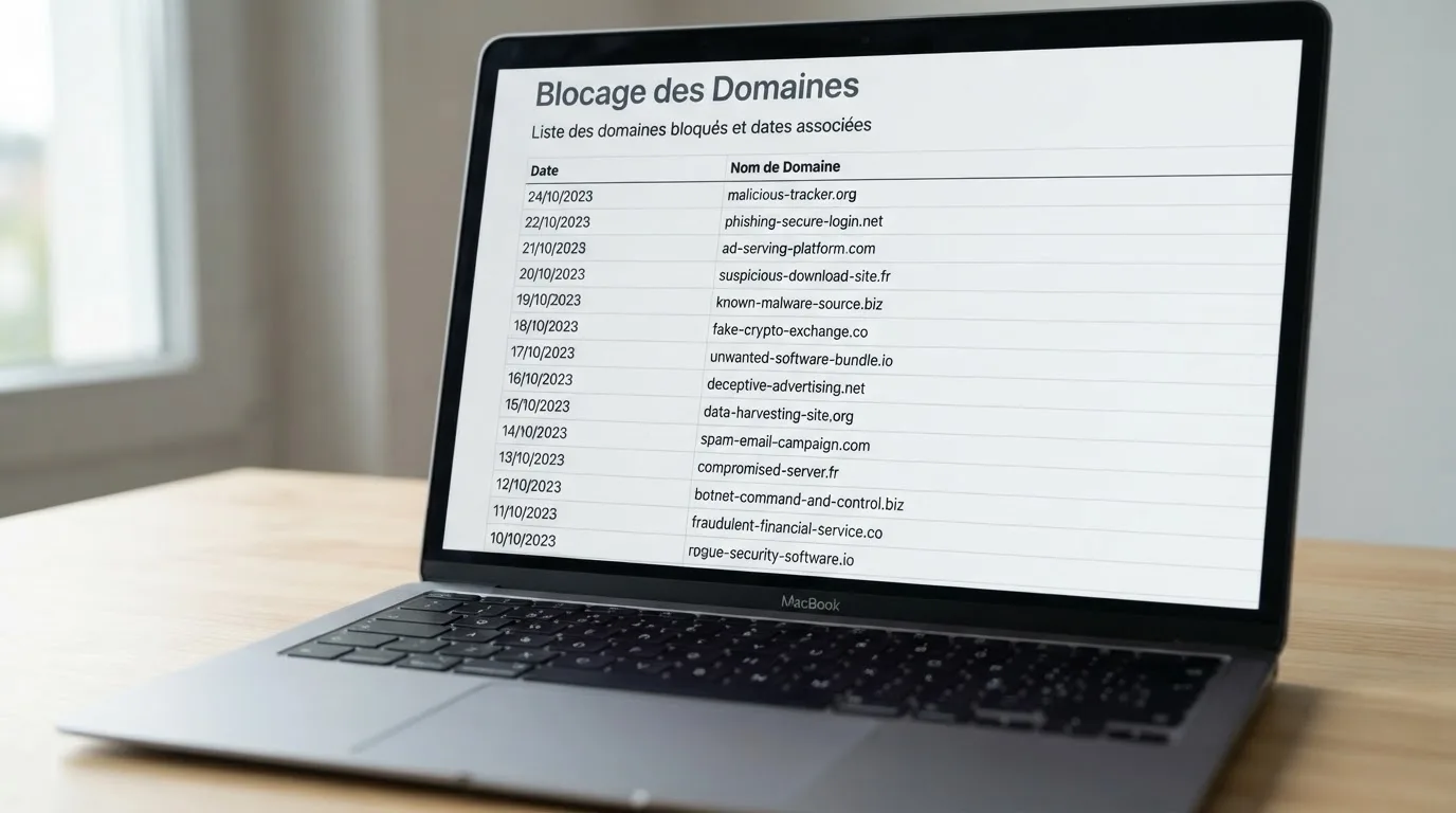 Une page de liste noire de sites bloqués affichée dans un navigateur, avec une colonne de dates
