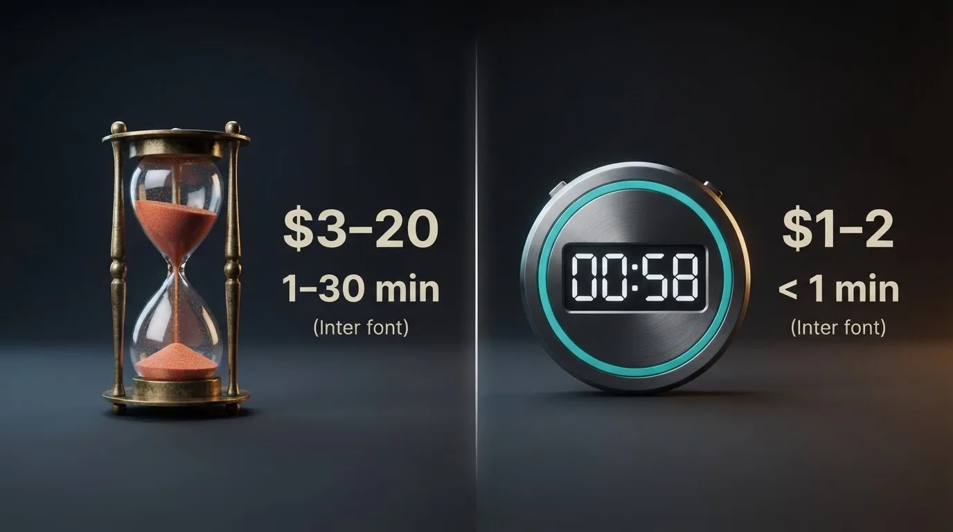 a split-screen graphic comparing a slow bank-transfer icon against a fast blockchain-transfer icon with a stopwatch