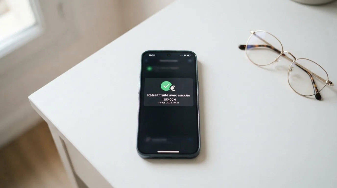 notification de confirmation de retrait affichée sur un téléphone mobile