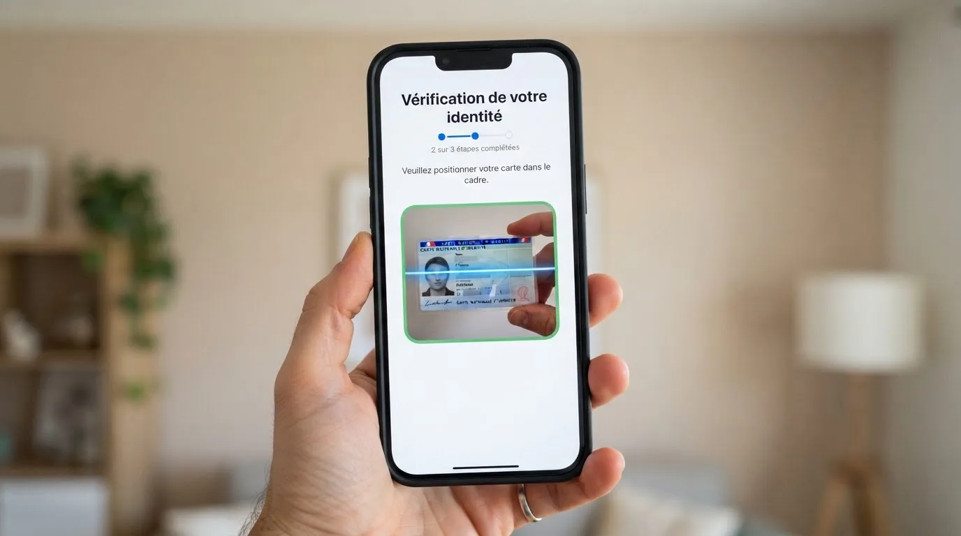 une interface smartphone montrant une étape de téléchargement de document d'identité pendant une demande d'interdiction volontaire de jeux en ligne